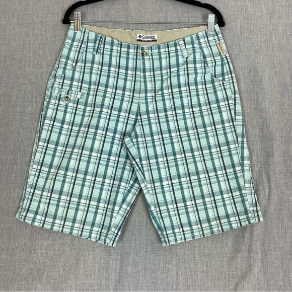 Columbia Plaid Bermuda Shorts Sz 8P 100% Cotton Teal Turqoise Plaid 5 Pockets - Picture 1 of 12